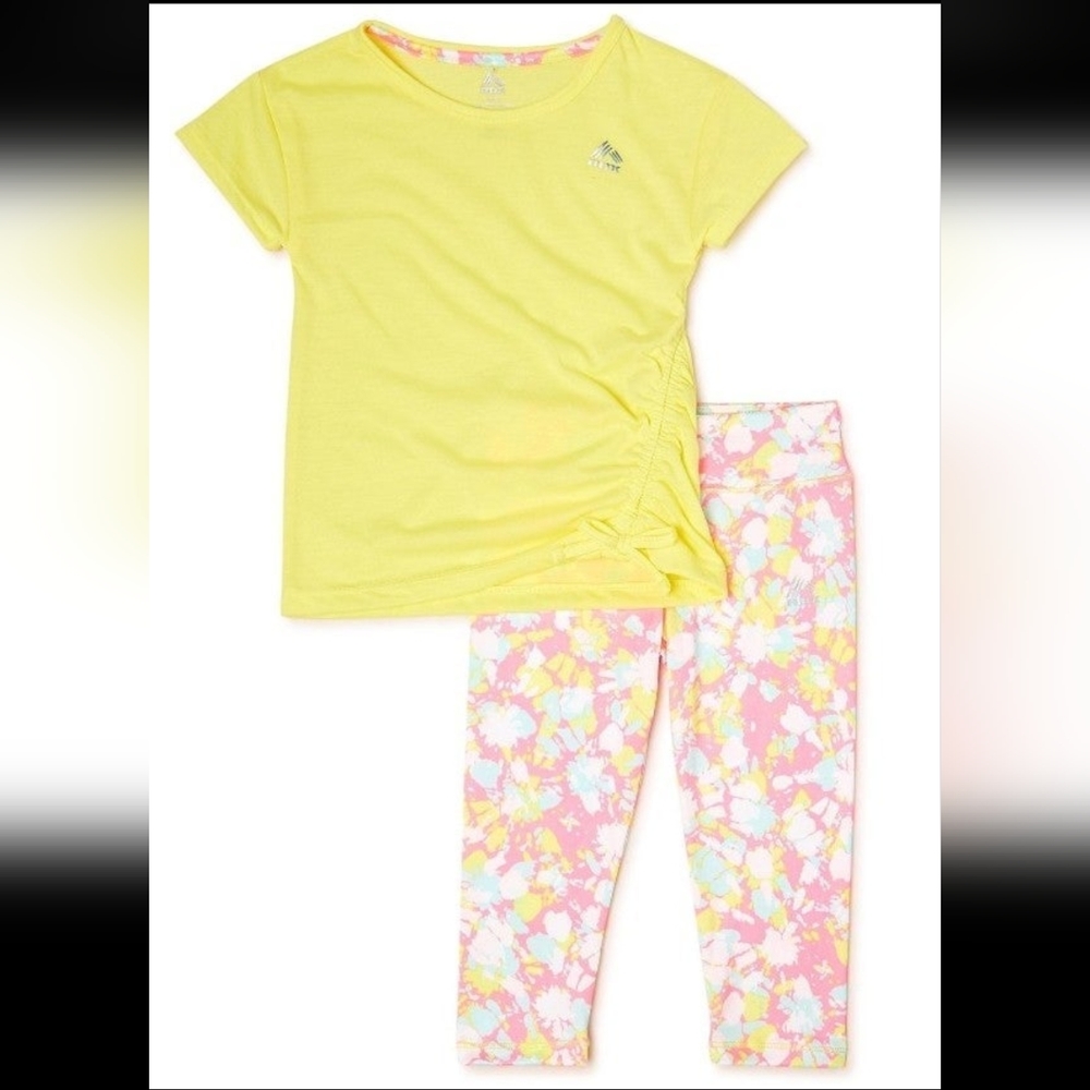RBX Girls Limelight Yellow & Abstract Floral 2-Piece Capri Legging Set